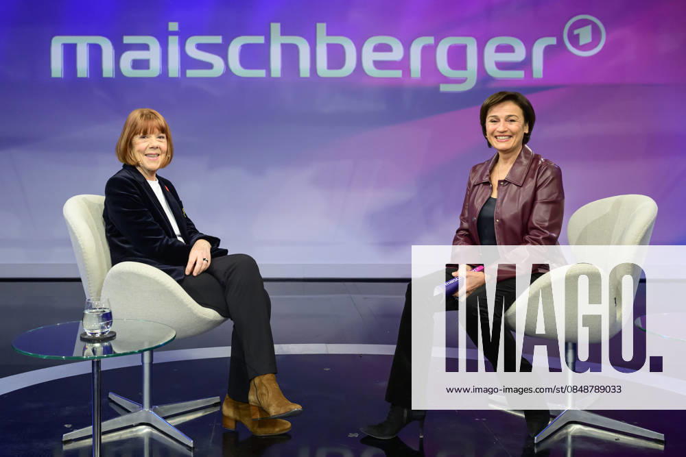 GER, Berlin, studio, guest on maischberger, political talk show, TV, format, with host Sandra Maischberger, Das Erste, from Adlershof at Studio 20, pictured from left Gisele Pelicot, Sandra Maischberger, pre recording, February 25, 2026,