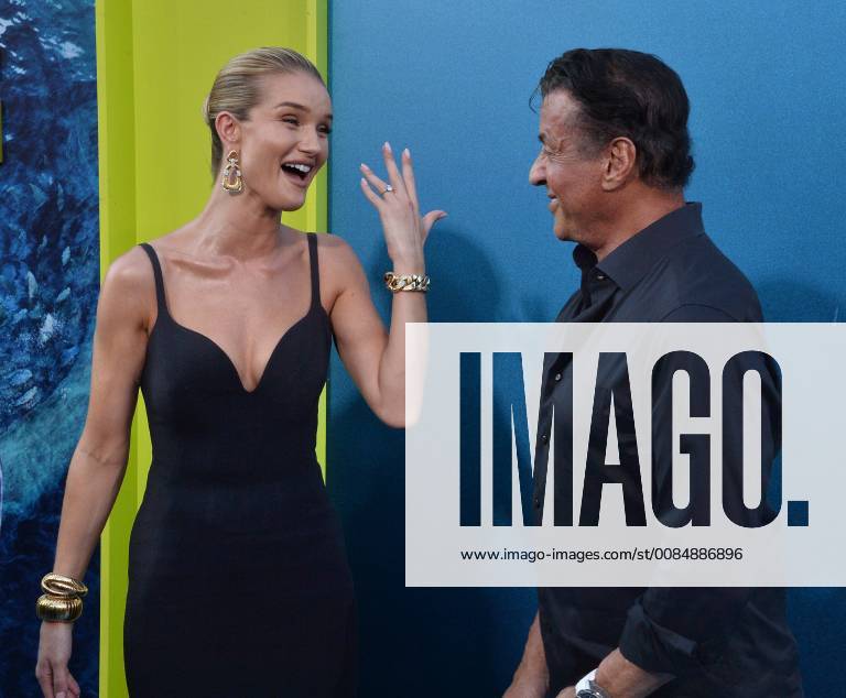 English actress and model Rosie Huntington-Whiteley and actor Sylvester Stallone mingle during the premiere of the sci-fi motion picture thriller The Meg at TCL Chinese Theatre in the Hollywood section of Los Angeles on August 6, 2018. Storyline: After escaping an attack by what he claims was a 70-foot shark, Jonas Taylor must confront his fears to save those trapped in a sunken submersible. LAP2018080648 JIMxRUYMEN