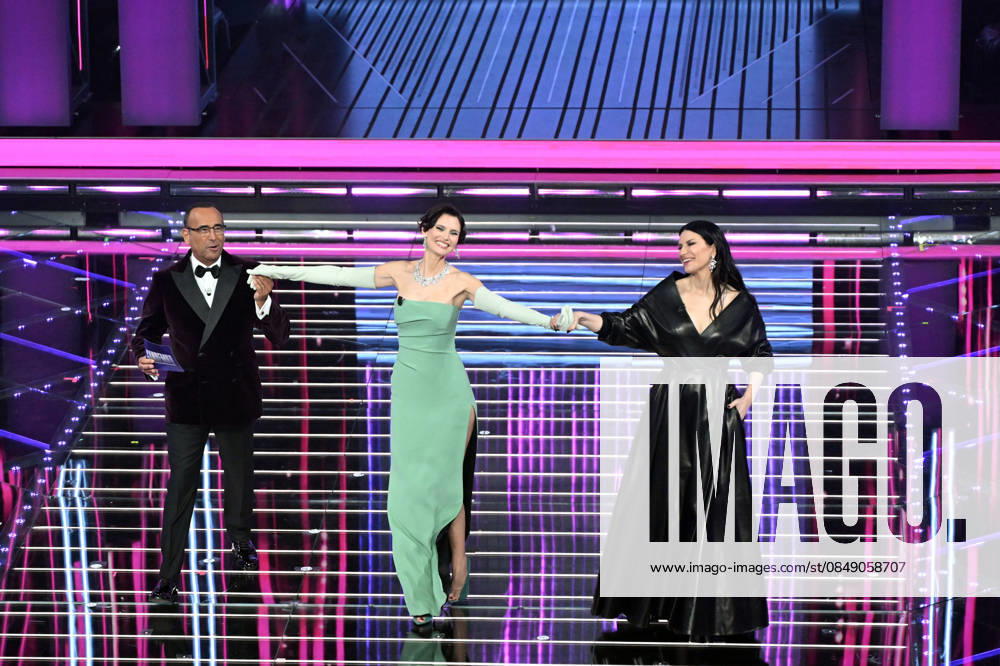 76th Italian Song Festival, fourth night. Pictured: Carlo Conti, Bianca Balti, Laura Pausini . Sanremo. Italy 27 Feb 2026 Sanremo Italy - ZUMAa289 20260227_zia_a289_387