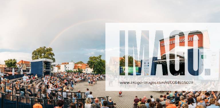 The German jazz musician Nils Wülker during his appearance at the Jena Culture Arena on 9 8 2018 A rainbow over the theater forecourt Jena Theater forecourt Jena