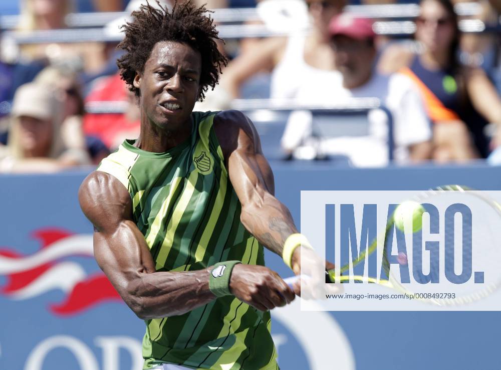 Gael Monfils of France his a backhand in his match on day 4 in Louis Armstrong Stadium at the U.S. Open Tennis Championships Stadium at the Billie Jean King National Tennis Center in New York City on September 1, 2011. NYP20110901112