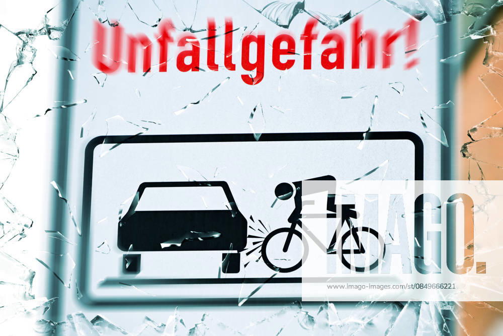 PHOTOMONTAGE, warning sign accident hazard with cyclists in Bergedorf, Hamburg, Germany Hamburg Hamburg Germany