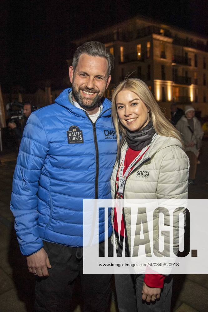 Abb Matthias Killing and Nina Ensmann as guests on the beach at the 10th anniversary of Baltic Lights 2026 celebrity charity sled dog race in aid of Welthungerhilfe on the Baltic Sea between the Ahlbeck and Heringsdorf sea bridges, Friday 06 03 2026 in Heringsdorf MV Germany