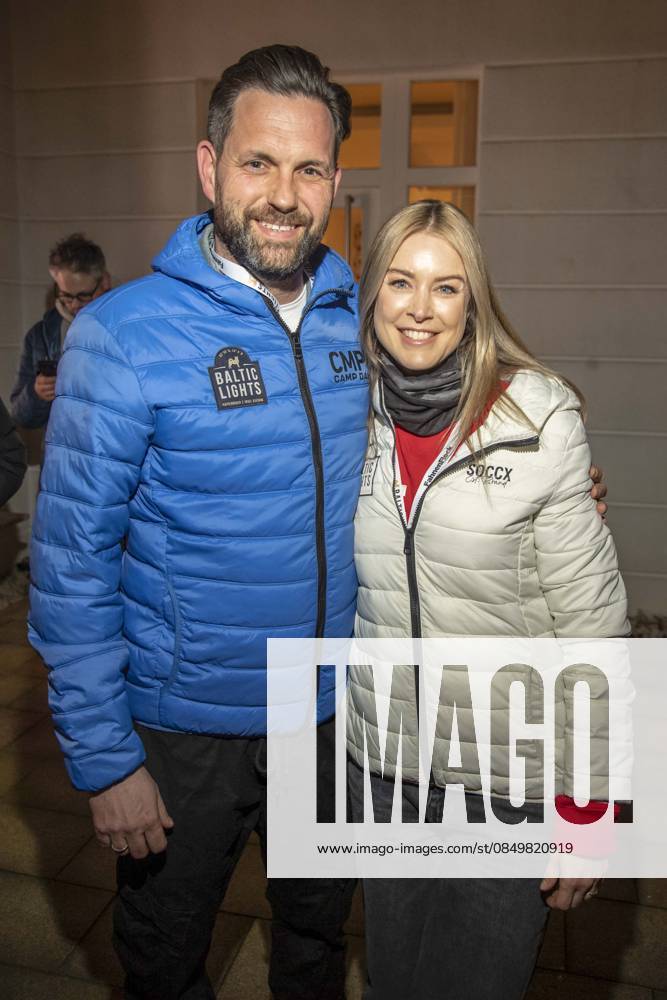 Abb Matthias Killing and Nina Ensmann as guests on the beach at the 10th anniversary of Baltic Lights 2026 celebrity charity sled dog race in aid of Welthungerhilfe on the Baltic Sea between the Ahlbeck and Heringsdorf sea bridges, Friday 06 03 2026 in Heringsdorf MV Germany