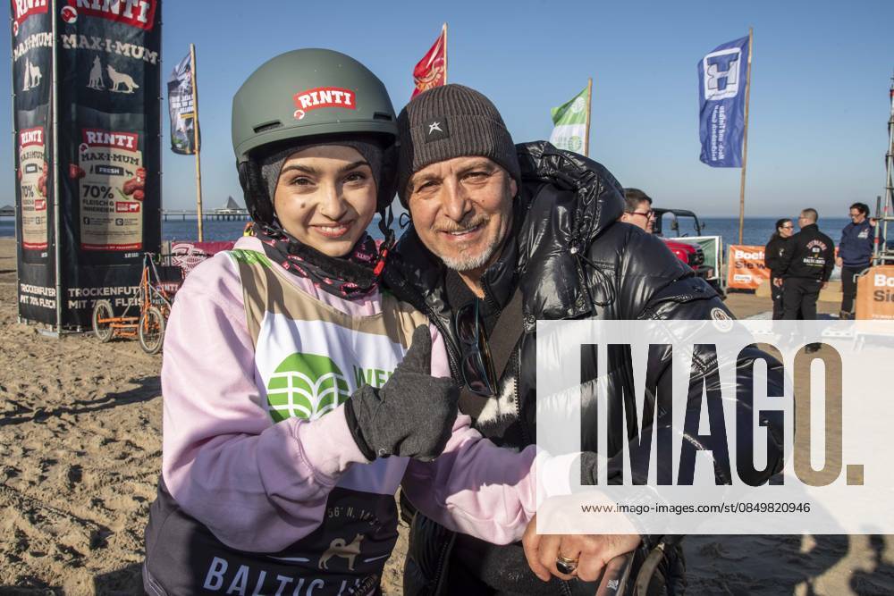Abb Amira Atalay and Erdogan Atalay father with daughter on the beach at 10 years Baltic Lights 2026 celebrity charity sled dog race in favor of Welthungerhilfe at the Baltic Sea between the Seebruecke Ahlbeck and the Seebruecke Heringsdorf , Friday 06 03 2026 in Heringsdorf MV Germany