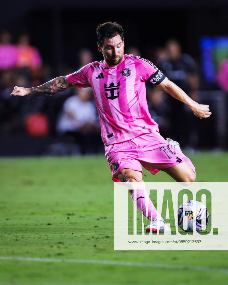 Lionel Messi of Inter Miami CF plays a long ball forward attempting to reach teammate Luis Suarez, who moves into a promising attacking position near the opposing teams goal during a match against Atlas F.C Fort Lauderdale USA - ZUMA 20250730_spo_d192_003