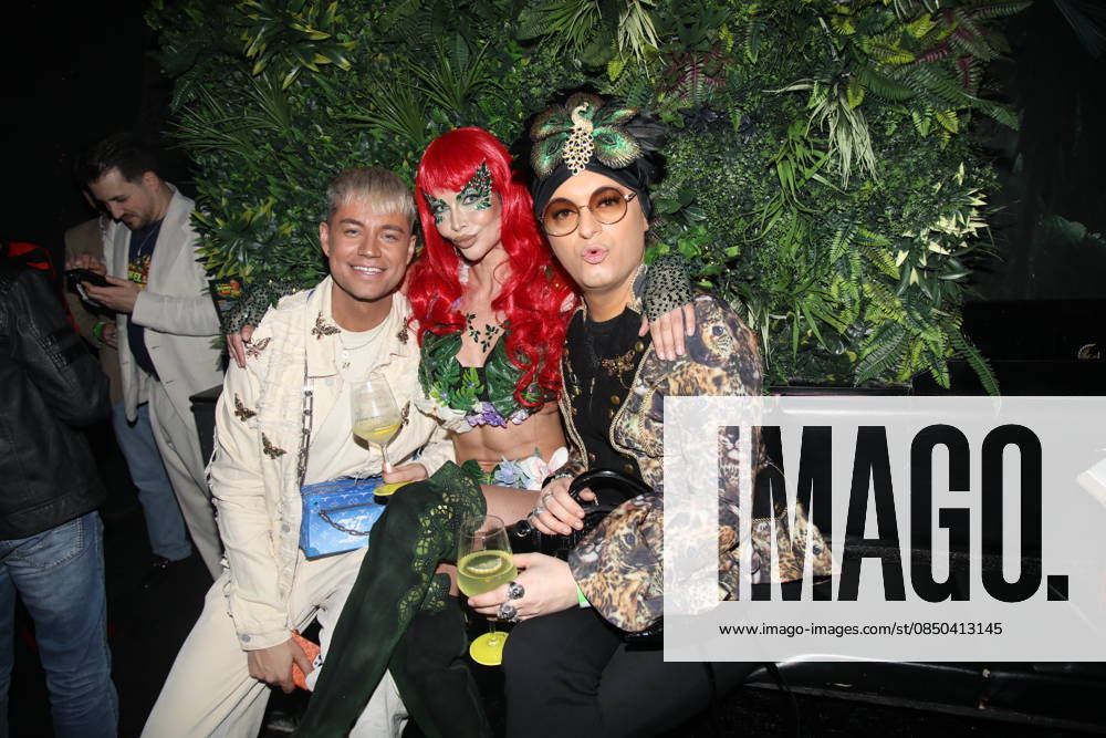 Julian F M Stöckel with friend Marcell Damaschke and Micaela Schäfer at the opening of Olivias Dschungel Bar at Große Freiheit Hamburg