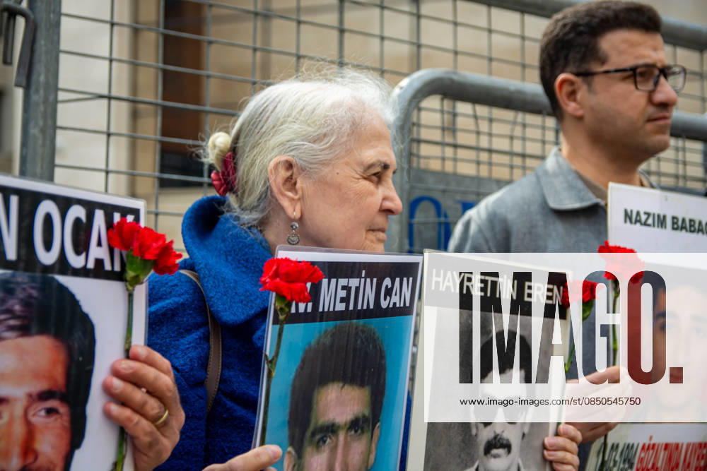 Members of the Saturday Mothers gather behind police barricades during their 1094th weekly vigil at Galatasaray Square in Istanbul, Turkey, on March 14, 2026. The group commemorated Yusuf Eristi, who was forcibly disappeared after being detained by anti-terror police on March 14, 1991. Protesters demanded that the Constitutional Court rulings regarding the use of Galatasaray Square be implemented and called for truth and justice for Eristi and all victims of enforced disappearances. Istanbul Turkey - ZUMAt171 20260314_zip_t171_003