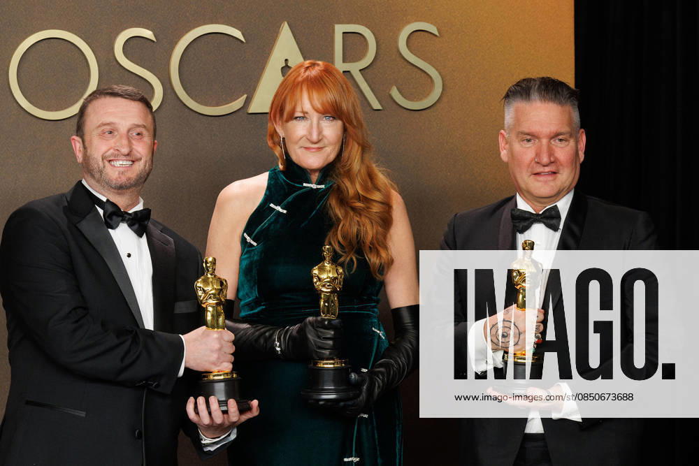 (L-R) Mike Hill, Cliona Furey, and Jordan Samuel, winners of the Best Makeup and Hairstyling for Frankenstein , pose in the press room of the 98th Annual Academy Awards on Sunday March 15, 2026 at the Dolby Theater in Hollywood, California. PRENSA INTERNACIONAL Hollywood USA - ZUMAp124 20260315_zaa_p124_325