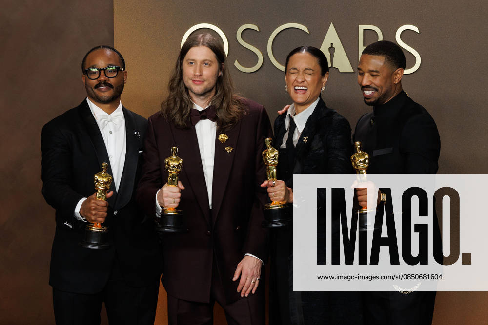 (L-R) Ryan Coogler, winner of the Best Original Script Award, Ludwig Go¶ransson, winner of the Best Original Score Award, Autumn Durald Arkapaw, winner of the Best Cinematography Award, and Michael B. Jordan, winner of the Best Actor in a Leading Role Award for â€oeSinnersâ€Â, pose in the press room of the 98th Annual Academy Awards on Sunday March 15, 2026 at the Dolby Theater in Hollywood, California. PRENSA INTERNACIONAL Hollywood USA - ZUMAp124 20260315_zaa_p124_379