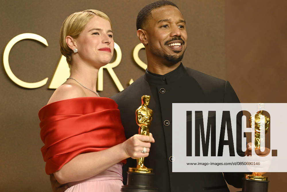 HOLLYWOOD, CA - MARCH 15: Jessie Buckley and Michael B. Jordan in the press room at the 98th Oscars at Dolby Theatre on March 15, 2026 in Hollywood, California.