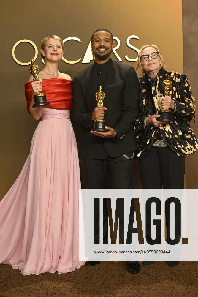 HOLLYWOOD, CA - MARCH 15: Jessie Buckley, Michael B. Jordan and Amy Madigan in the press room at the 98th Oscars at Dolby Theatre on March 15, 2026 in Hollywood, California.