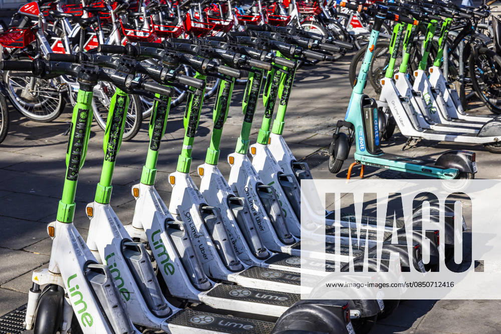 Seldom do you see rental bikes and e-scooters lined up so neatly 12 03 2026, Stuttgart, Baden Württemberg, Germany
