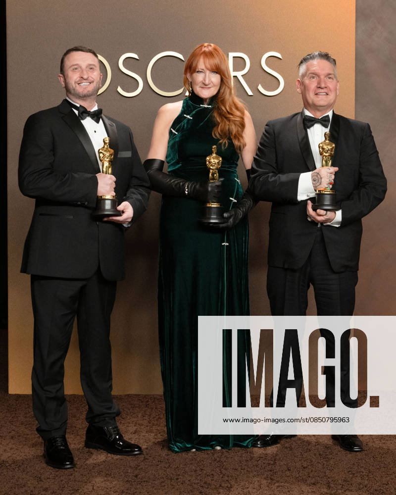 (L-R) MIKE HILL, CLIONA FUREY and JORDAN SAMUEL, winners of the Best Makeup and Hairstyling for Frankenstein in the Press Room during the 98th Academy Awards, presented by the Academy of Motion Picture Arts and Sciences (AMPAS), at the Dolby Theatre in Hollywood. Hollywood USA - ZUMAb173 20260315_aap_b173_175