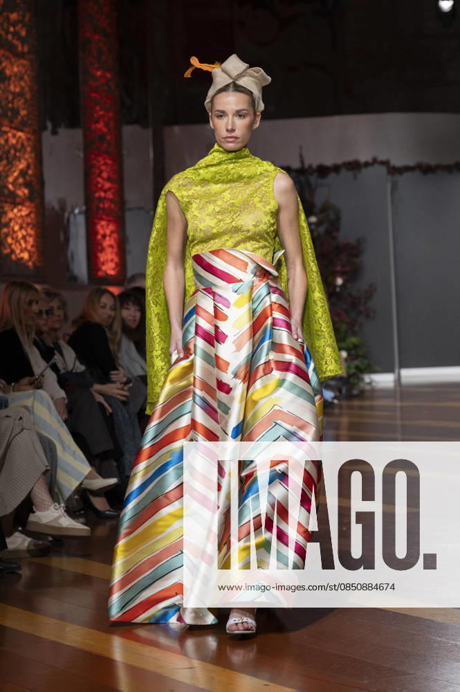 Telier Couture Fashion Week Madrid in Spain - 17 Mar 2026 A model walks the runway wearing a design by atelier couture during Fashion Week de Madrid in Fabric de Tapices. Madrid Spain