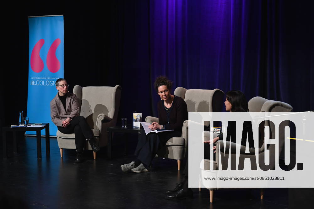 Author Claudia Dathe, Monika Rinck and Tanja Maljartschuk, l r, read and speak on stage at Lit Cologne, the international literary festival on the subject of writing in a forbidden language, the Ukrainian Library