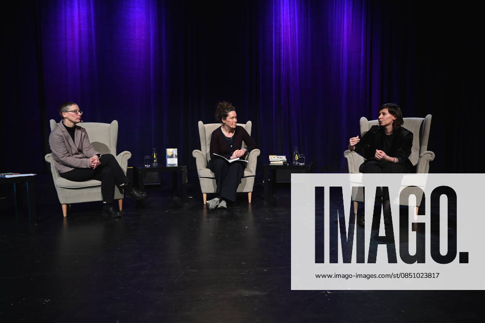 Author Claudia Dathe, Monika Rinck and Tanja Maljartschuk, l r, read and speak on stage at Lit Cologne, the international literary festival on the subject of writing in a forbidden language, the Ukrainian Library
