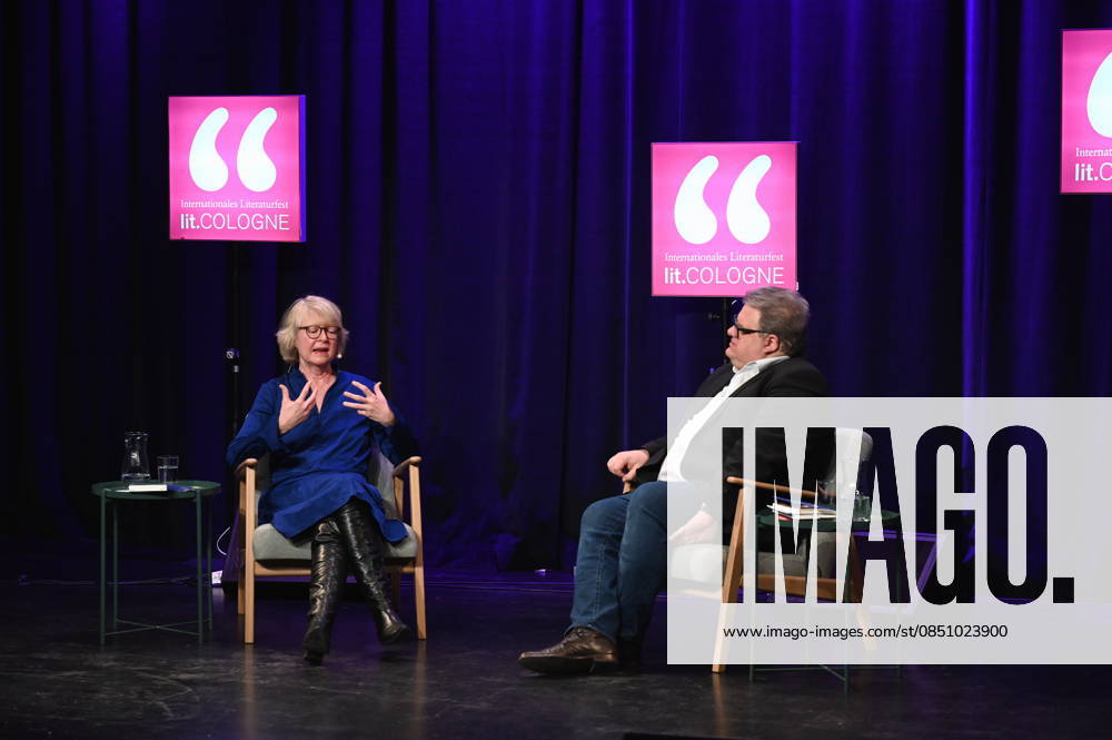 Author Meike Winnemuth reads and the speaker, cultural manager and organizer Felix Mauser speaks at Lit Cologne, the international literature festival