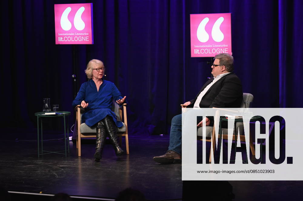 Author Meike Winnemuth reads and the speaker, cultural manager and organizer Felix Mauser speaks at Lit Cologne, the international literature festival