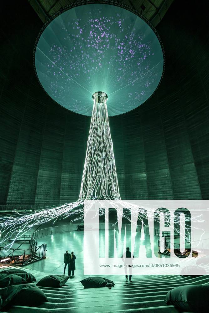 New exhibition in the Gasometer Oberhausen, art sculpture The Tree, 40 meter high light installation, shows with light and music different stages of a tree, exhibition Mythos Wald, on 3 levels and with several thematic chapters the exhibition shows the diversity of the worlds forests with pictures, videos and exhibits, NRW, Germany, Mythos Wald Oberhausen