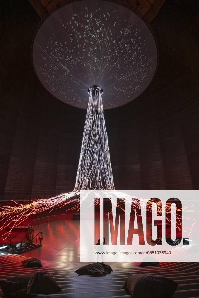 New exhibition in the Gasometer Oberhausen, art sculpture The Tree, 40 meter high light installation, shows with light and music different stages of a tree, exhibition Mythos Wald, on 3 levels and with several thematic chapters the exhibition shows the diversity of the worlds forests with pictures, videos and exhibits, NRW, Germany, Mythos Wald Oberhausen