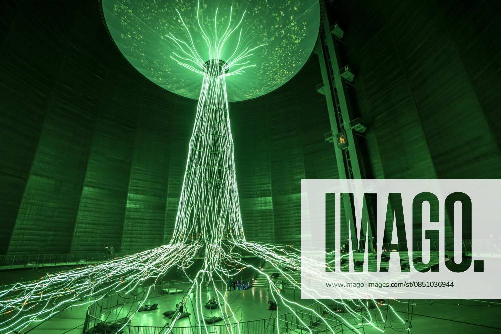 New exhibition in the Gasometer Oberhausen, art sculpture The Tree, 40 meter high light installation, shows with light and music different stages of a tree, exhibition Mythos Wald, on 3 levels and with several thematic chapters the exhibition shows the diversity of the worlds forests with pictures, videos and exhibits, NRW, Germany, Mythos Wald Oberhausen