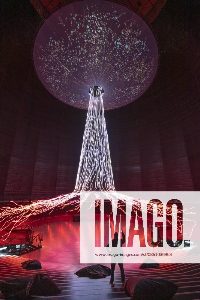 New exhibition in the Gasometer Oberhausen, art sculpture The Tree, 40 meter high light installation, shows with light and music different stages of a tree, exhibition Mythos Wald, on 3 levels and with several thematic chapters the exhibition shows the diversity of the worlds forests with pictures, videos and exhibits, NRW, Germany, Mythos Wald Oberhausen