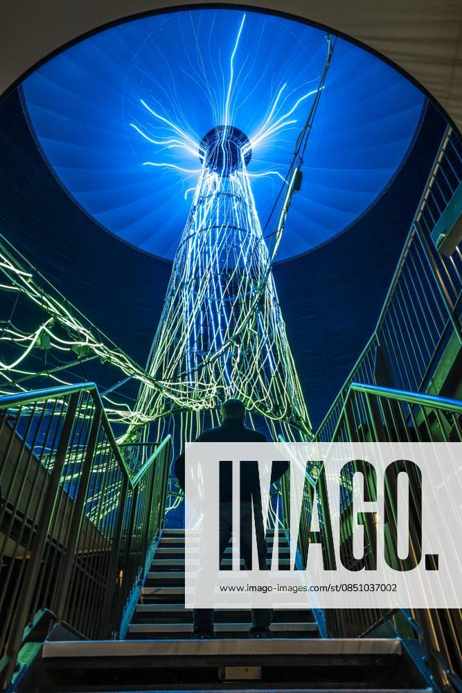 New exhibition in the Gasometer Oberhausen, art sculpture The Tree, 40 meter high light installation, shows with light and music different stages of a tree, exhibition Mythos Wald, on 3 levels and with several thematic chapters the exhibition shows the diversity of the worlds forests with pictures, videos and exhibits, NRW, Germany, Mythos Wald Oberhausen
