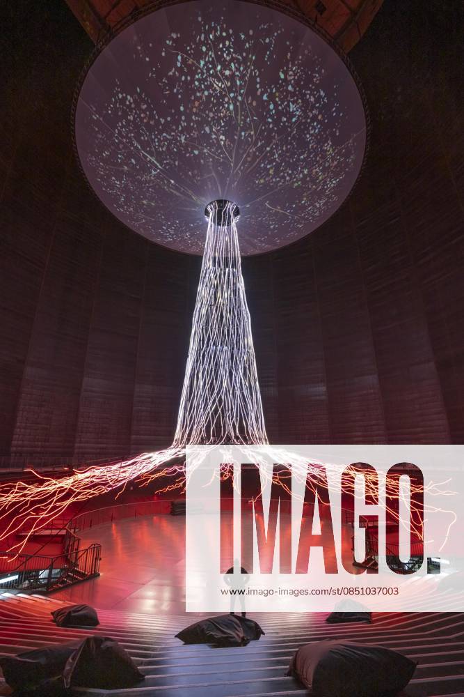 New exhibition in the Gasometer Oberhausen, art sculpture The Tree, 40 meter high light installation, shows with light and music different stages of a tree, exhibition Mythos Wald, on 3 levels and with several thematic chapters the exhibition shows the diversity of the worlds forests with pictures, videos and exhibits, NRW, Germany, Mythos Wald Oberhausen