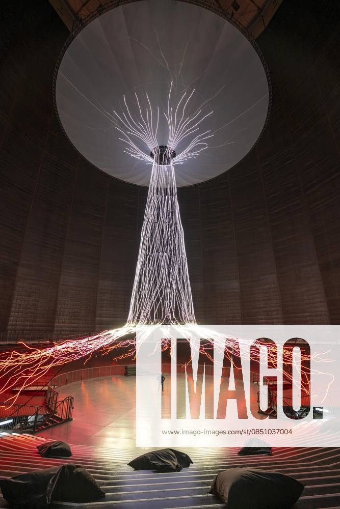 New exhibition in the Gasometer Oberhausen, art sculpture The Tree, 40 meter high light installation, shows with light and music different stages of a tree, exhibition Mythos Wald, on 3 levels and with several thematic chapters the exhibition shows the diversity of the worlds forests with pictures, videos and exhibits, NRW, Germany, Mythos Wald Oberhausen