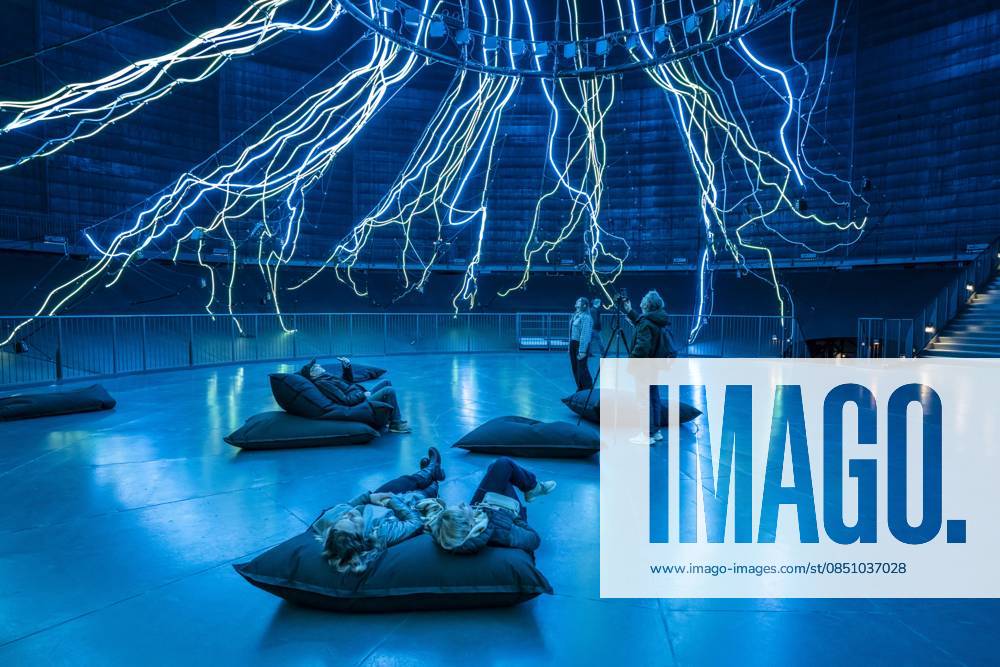 New exhibition in the Gasometer Oberhausen, art sculpture The Tree, 40 meter high light installation, shows with light and music different stages of a tree, exhibition Mythos Wald, on 3 levels and with several thematic chapters the exhibition shows the diversity of the worlds forests with pictures, videos and exhibits, NRW, Germany, Mythos Wald Oberhausen