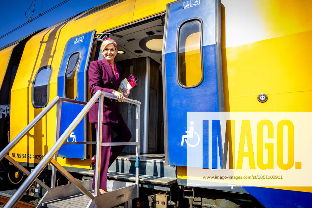 Haarlem Queen Maxima in a modernized train, travelling from Haarlem to Utrecht during the 11st Circular Economy Week, organized by the Groene Brein, in Haarlem and Utrecht. Â