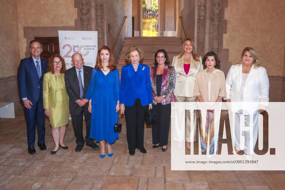 From Left to Right, The Director General of Republica, Jorge Plasencia; Professor of History at Vanderbilt University, Jane Landers; Professor Emeritus of History at Johns Hopkins University, Richard L. Kagan; the Consul General of Spain in Miami, Belen Alfaro Hernandez; Queen Sofia of Spain; the Chair of the Board of Trustees of the Queen Sofía Spanish Institute (QSSI), Pilar Llado; the President of Miami Dade College, Madeline Pumariega; the President of QSSI, Begona Santos; and the Governor of Puerto Rico, Jennifer Gonzalez, pose during the event Florida, Cuba and the Caribbean in the American Revolution at the Freedom Tower in Miami, Florida, USA, 20 March 2026. Queen Sofia of Spain inaugurated America&Spain250 in Miami, an academic