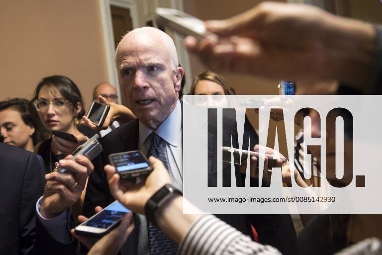 In this july 13, 2017 file photo, Sen. John McCain, R-AZ, speaks with reporters as he leaves a Republican caucus meeting on the GOP Health Care bill, on Capitol Hill in Washington, D.C. on July 13, 2017. Senator McCain died August 28, 2018 at the age of 81. WAX20180825206 KEVINxDIETSCH