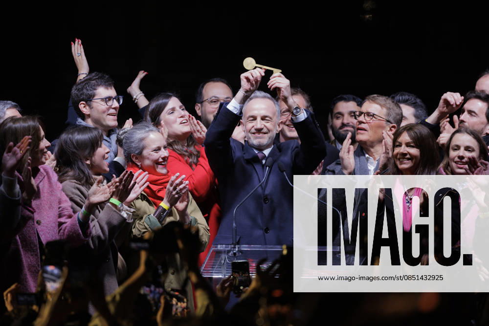Emmanuel Gregoire, ex former deputy mayor of Paris, reuniting the left wing parties except extreme left LFI , has been elected as new mayor of the French capital with 51 of votes, March 22nd Emmanuel GREGOIRE, actuel depute PS, candidat PS aux élections municipales de mars 2026 pour la mairie de Paris remporter le siège de Maire de Paris lors de la soiree electorale des résultats des votes du second tour de scrutin des elections municipales de Paris 2026, le dimanche 22 mars 2024, in Paris, Place de la Bataille de Stalingrad Rotonde de Stalingrad, Ile de France, Europe Emmanuel GREGOIRE, former first deputy mayor of Paris under Anne HIDALGOs second term of office, current PS deputy for the 7th constituency of Paris, candidate for the Socia