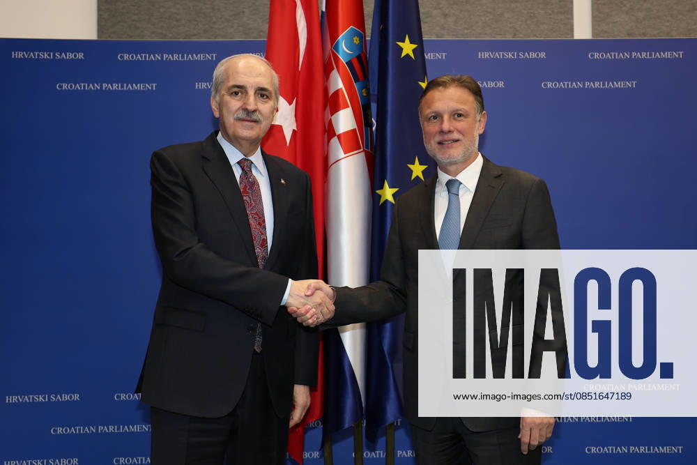 Speaker of the Turkish Parliament Numan Kurtulmus in Zagreb ZAGREB, CROATIA - MARCH 24: (---- - MANDATORY CREDIT - TURKISH GRAND NATIONAL ASSEMBLY HANDOUT - NO MARKETING NO ADVERTISING CAMPAIGNS - DISTRIBUTED AS A SERVICE TO CLIENTS----) Speaker of the Turkish Parliament Numan Kurtulmus (L) meets with Croatian Parliament Speaker Gordan Jandrokovic (R) during the Three Seas Initiative Parliamentary Summit in Zagreb, Croatia on March 24, 2026. TGNA Anadolu Zagreb Croatia. Editorial use only. Please get in touch for any other usage.