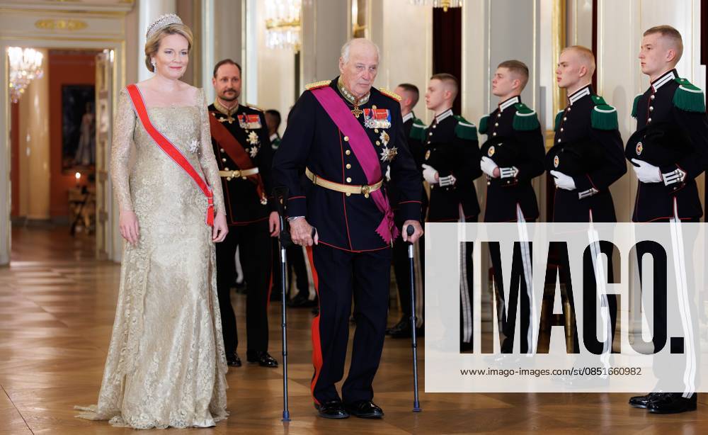 Queen Mathilde of Belgium and King Harald V of Norway arrive for the State Banquet hosted by Norwegian royal family in the Royal Palace in Oslo, on the first day of the official state visit of the Belgian royal couple to Norway, on Tuesday 24 March 2026. Belgian monarchs are on an official state visit to Norway from 24 to 26 March 2026. BENOITxDOPPAGNE 168803175