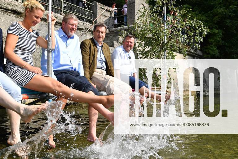 Minister President Dr Markus Soeder 2 v re visited together with, inter alia, Minister of State Dr Marcel Huber the Second Mayor of the City of Munich Josef Schmid and the Environmental Officer of the City of Munich Stephanie Jacobs the possible future location for an Isar river bath in the area between Cornelius Bridge and Bosch Bridge opposite the Deutsches Museum am 28 08 2018 in Munich