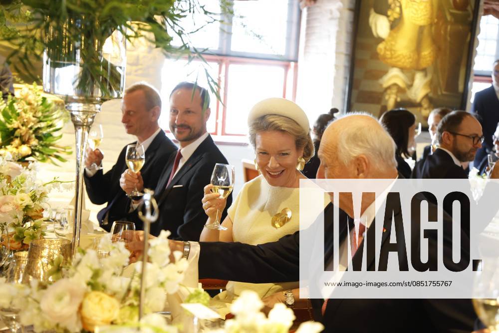 Crown Prince Haakon Magnus of Norway, Queen Mathilde of Belgium and King Harald V of Norway pictured at the lunch at the Akershus Fortress castle, in Oslo, on day two of the official state visit of the Belgian royal couple to Norway, on Wednesday 25 March 2026. Belgian monarchs are on an official state visit to Norway from 24 to 26 March 2026. POOLxOLIVIERxPOLET 168887534