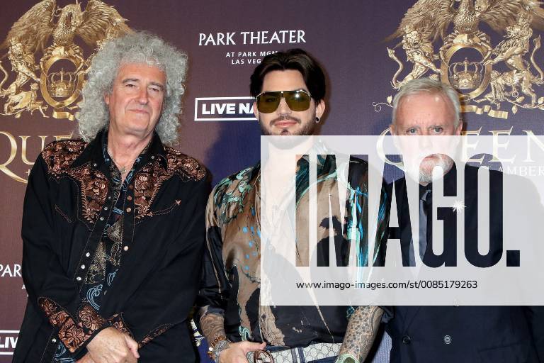 Brian May Adam Lambert and Roger Taylor at the Photocall and the press conference on 28.08.2018 in Las Vegas The band Queen with singer Adam Lambert are looking forward to their joint concert series at the MGM Park Theater The group Queen with singer Adam Lambert kicking off Photocall for a commitment at MGM Hotel in Las Vegas 2018