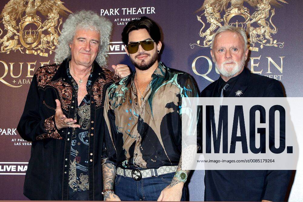 Brian May Adam Lambert and Roger Taylor at the Photocall and the press conference on 28.08.2018 in Las Vegas The band Queen with singer Adam Lambert are looking forward to their joint concert series at the MGM Park Theater The group Queen with singer Adam Lambert kicking off Photocall for a commitment at MGM Hotel in Las Vegas 2018