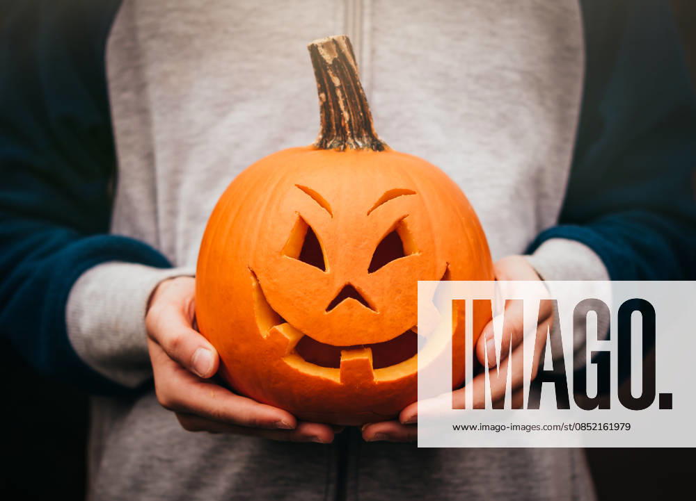 Cropped image of child s hands holding a mini jack-o-lantern. Kingston, ON, Canada R_DOHO201106P-543766-01 ,model released, Symbolfoto