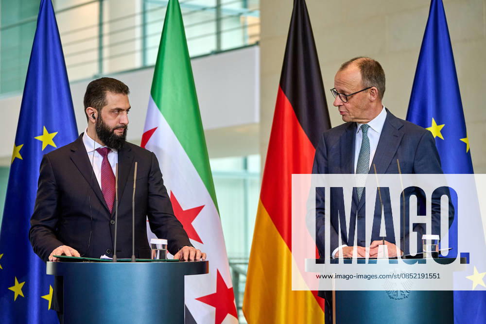 Syrias interim president Ahmed al Sharaa and German Chancellor Friedrich Merz at a press conference at the Federal Chancellery during his visit to Berlin Syria s interim president, Ahmed al Sharaa, and German Chancellor Friedrich Merz at a press conference at the Federal Chancellery during his visit to Berlin snapshot photography F Boillot