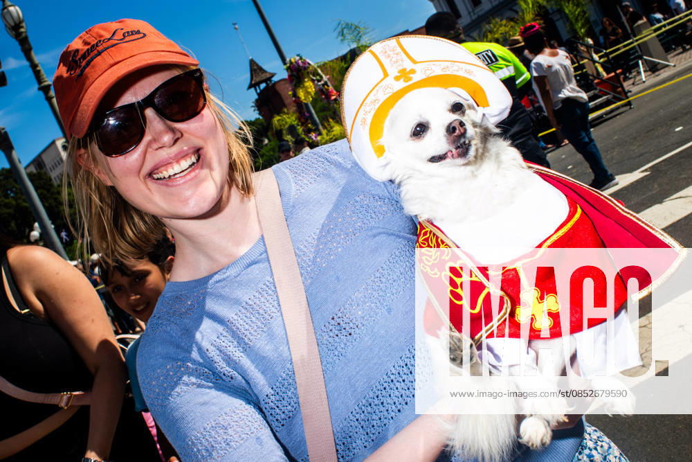 A woman holds her dog wearing a Catholic costume during the yearly Blessing of the Animals at Olvera Street on Saturday, April 4, 2026 in Los Angeles, California. Los Angeles USA - ZUMAh206 20260404_znp_h206_014