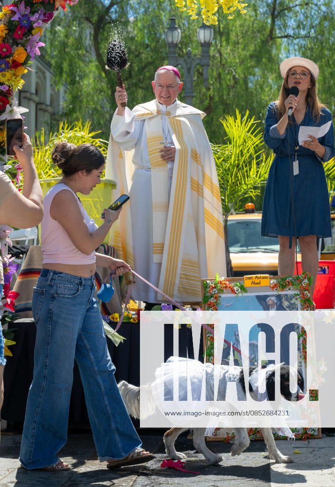 People and their pets line up in Olvera Street in Los Angeles to receive a blessing from Archbishop JOSE GOMEZ in a Catholic tradition that celebrates St. Francis of Assisi s love of animals. This centuries-old tradition, usually held the Saturday before Easter, has been a part of Olvera Street s history since 1930. Los Angeles USA - ZUMAh234 20260404_zsp_h234_013