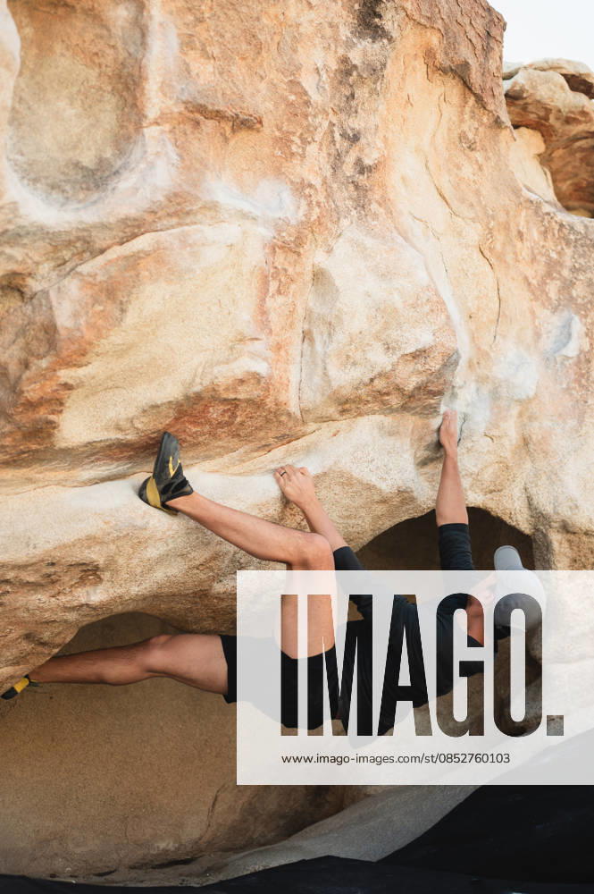 Climber reaching on overhang boulder in Joshua Tree desert Joshua Tree, California, United States CR_AKAO260401B-1972969-01 ,model released, Symbolfoto