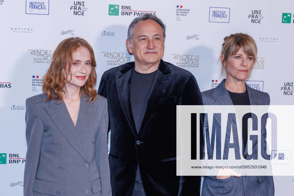 News - Photocall - Rendez-Vous Isabelle Huppert, Thierry Klifa and Marina Fois attend the photocall for the presentation of the 16th edition of French film festival Rendez-Vous on April 07, 2026 in the French Embassy at Palazzo Farnese in Rome, Italy Rome Palazzo Farnese Italy