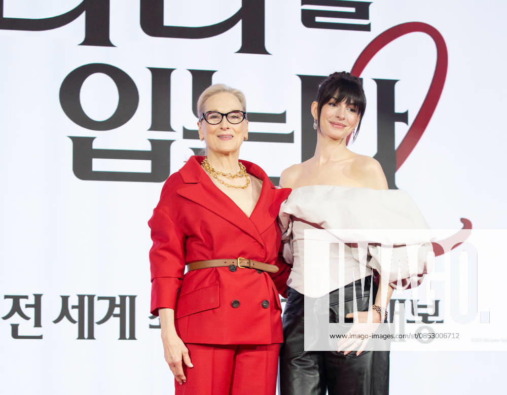 Meryl Streep and Anne Hathaway, Apr 8, 2026 : Actresses Meryl Streep (L) and Anne Hathaway at a press conference for the comedy drama film The Devil Wears Prada 2 in Seoul, South Korea. aflo_326274212