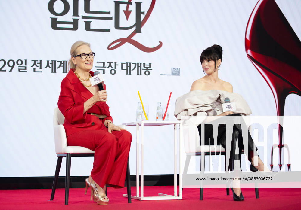 Meryl Streep and Anne Hathaway, Apr 8, 2026 : Actresses Meryl Streep (L) and Anne Hathaway at a press conference for the comedy drama film The Devil Wears Prada 2 in Seoul, South Korea. aflo_326274447