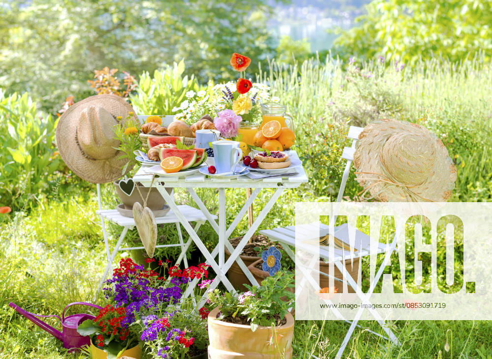 Breakfast for two, served at a Table at bunt blooming Garden on Lake with Sun hats and Hearts, Composing Breakfast for two, served ON a Table in a Colorful Garden blooming With coneflowers and hearts, Composing BLWS745584